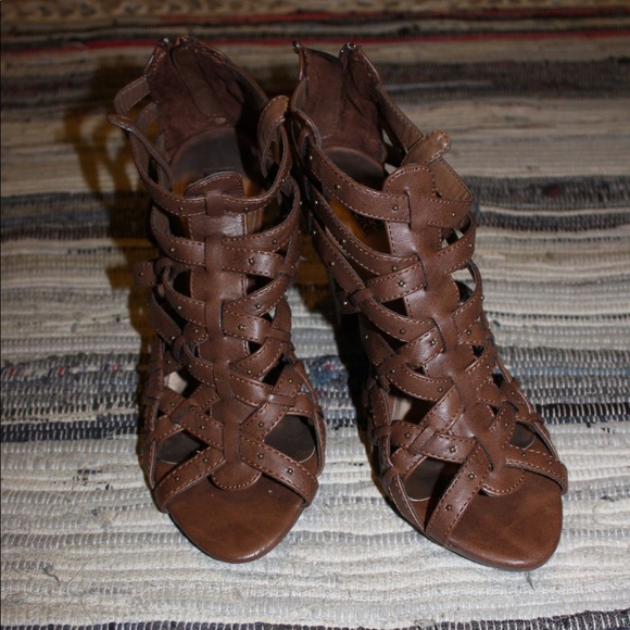 Brown Leather Gladiator Heels - Picture 1 of 3